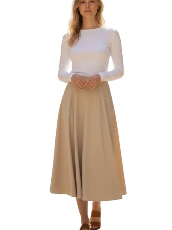 Uniqlo Dresses & Skirts - Uniqlo Flare Midi Skirt Beige A-Line High Waist Lined Size S/26" Minimalist